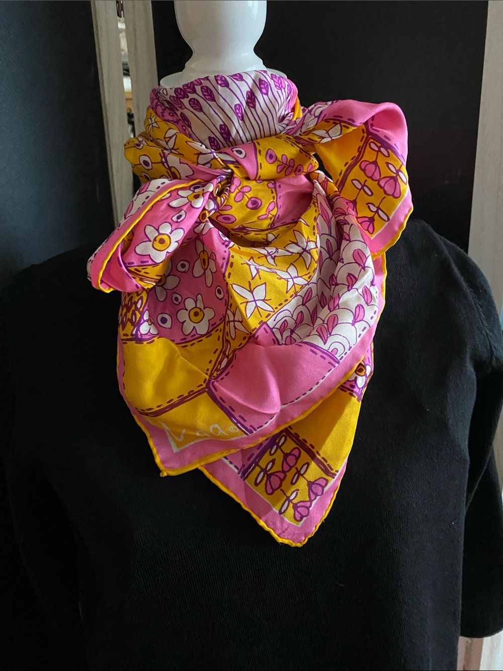 Vintage Vera Large Floral Pink and Yellow Silk Scarf